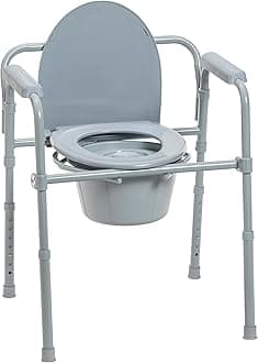 Drive Medical Folding Steel Bedside Commode Chair - Portable 3-in-1 Toilet Solution - Adjustable Height - 7.5 Qt Bucket Included - Durable Powder-Coated Steel Frame - Supports up to 350 Lb