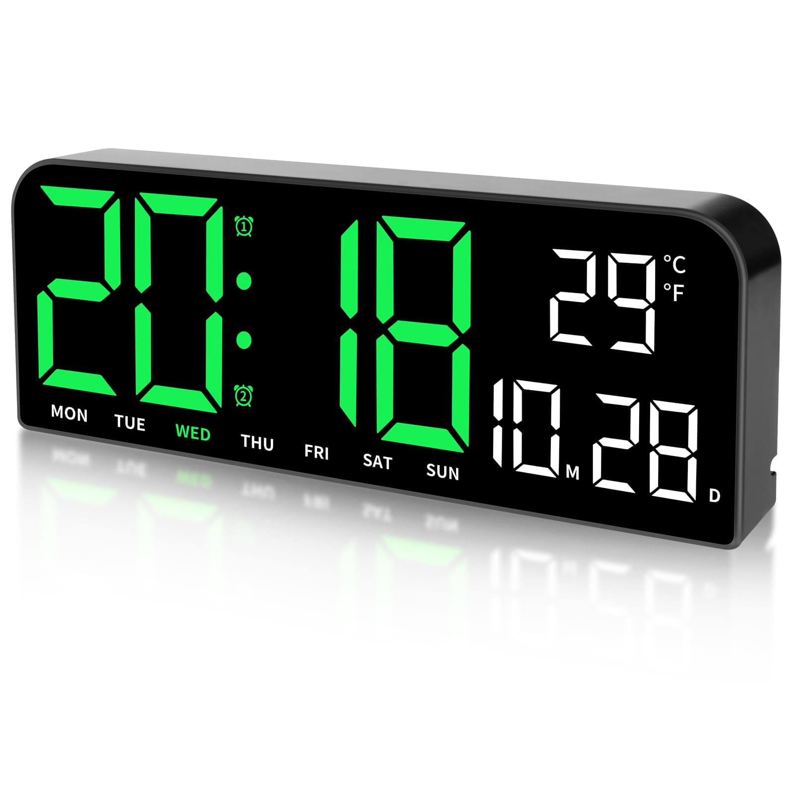 Padom Digital Wall Clock, 9.6" LED Large Alarm Clock with Remote Control, 3 Inch Font, Desk Modern Electric Clock for Living Room Bedroom Garage Decor Teens Elderly, Black-Green