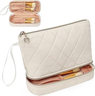 EtherealSmall Makeup Bag, Cream Travel Makeup Organizer Bag for Women Double Layer Cosmetic Bag Portable Makeup Brush Bags