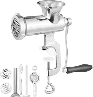 VEVOR Manual Meat Grinder, 304 Stainless Steel Hand Meat Grinder with Steel Table Clamp, Meat Mincer Sausage Maker & 2 Cutting Plates, Cookie Attachment, Sausage Tube for Beef Pepper Mushroom Cookie