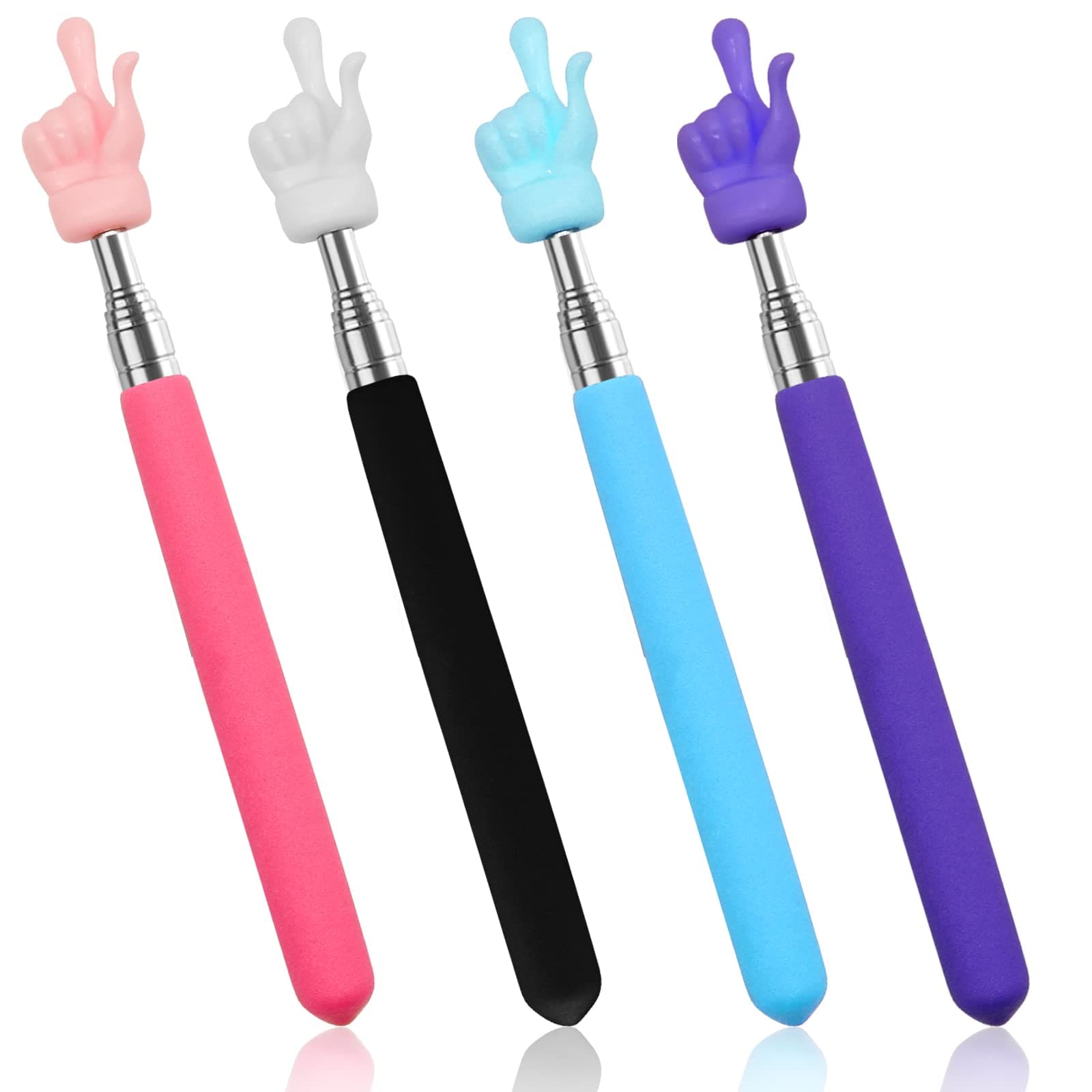 CANIPHA 4Pcs Telescopic Teachers Pointer, Mini Extendable Hand Pointer Finger Pointer Stick, Retractable Classroom Pointer for Elementary School Kindergarten Teacher Supplies (Black Pink Blue Purple)