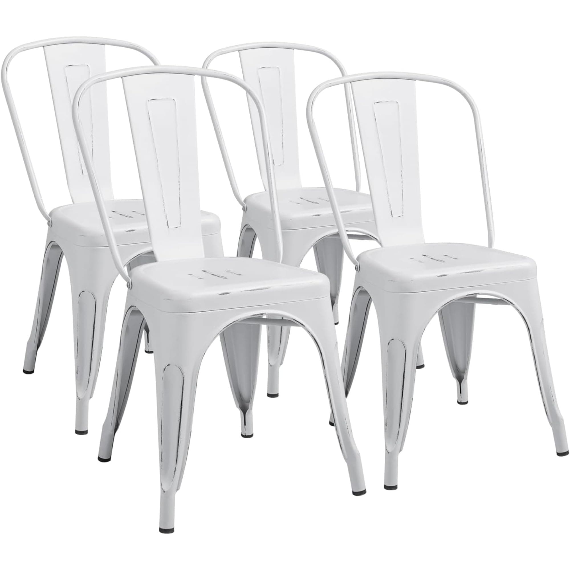 Furmax Metal Dining Chair Indoor Outdoor Use Stackable Chic Side Classic Trattoria Metal Chairs Set of 4 for Kitchen, Dining Room, Bistro and Cafe (Distressed White)