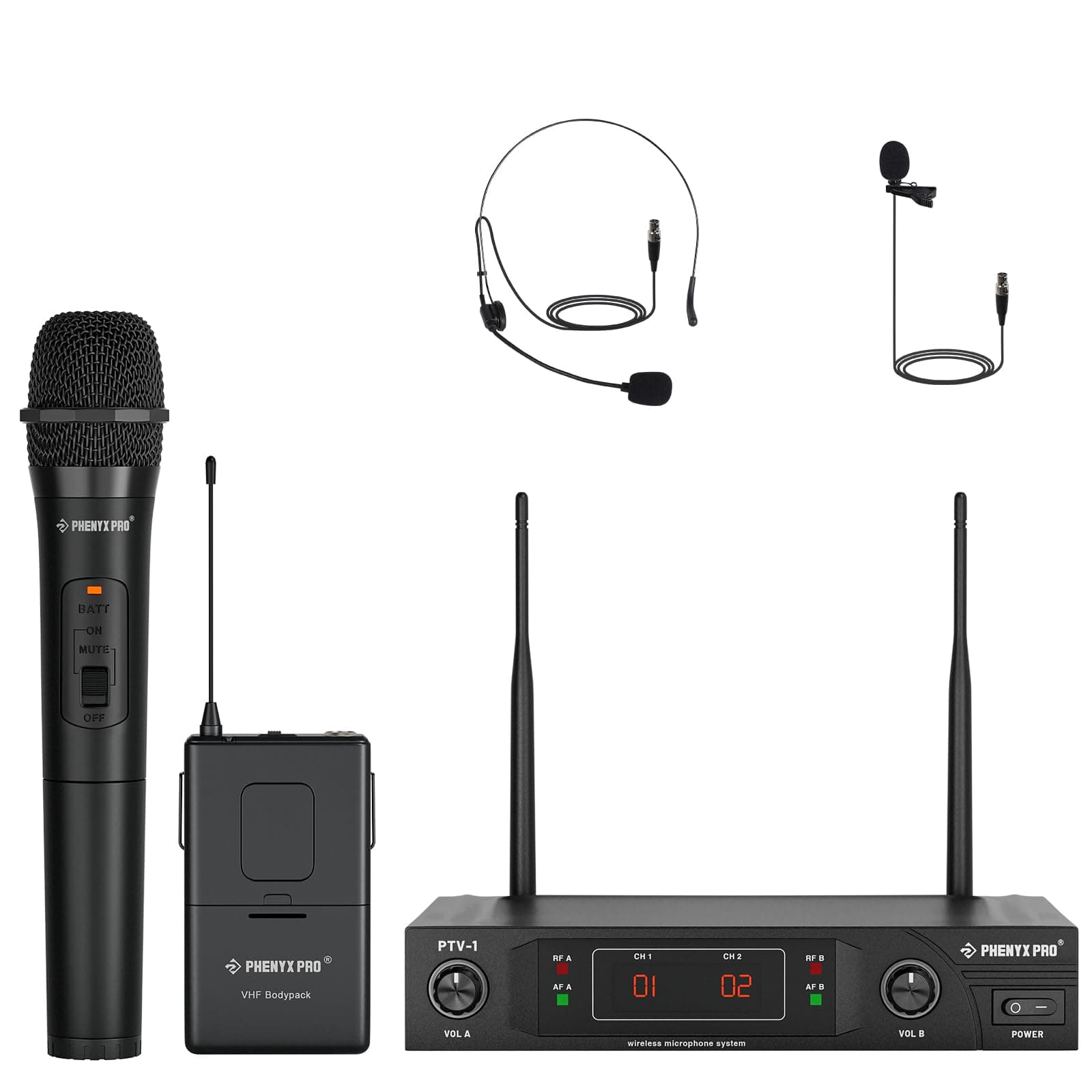 Phenyx ProWireless Microphone System, VHF Wireless Mic Set with Handheld/Bodypack/Headset/Lapel Mics, Stable Signal, Cordless Microphone for Singing, Karaoke, Church, DJ (PTV-1-1H1B)