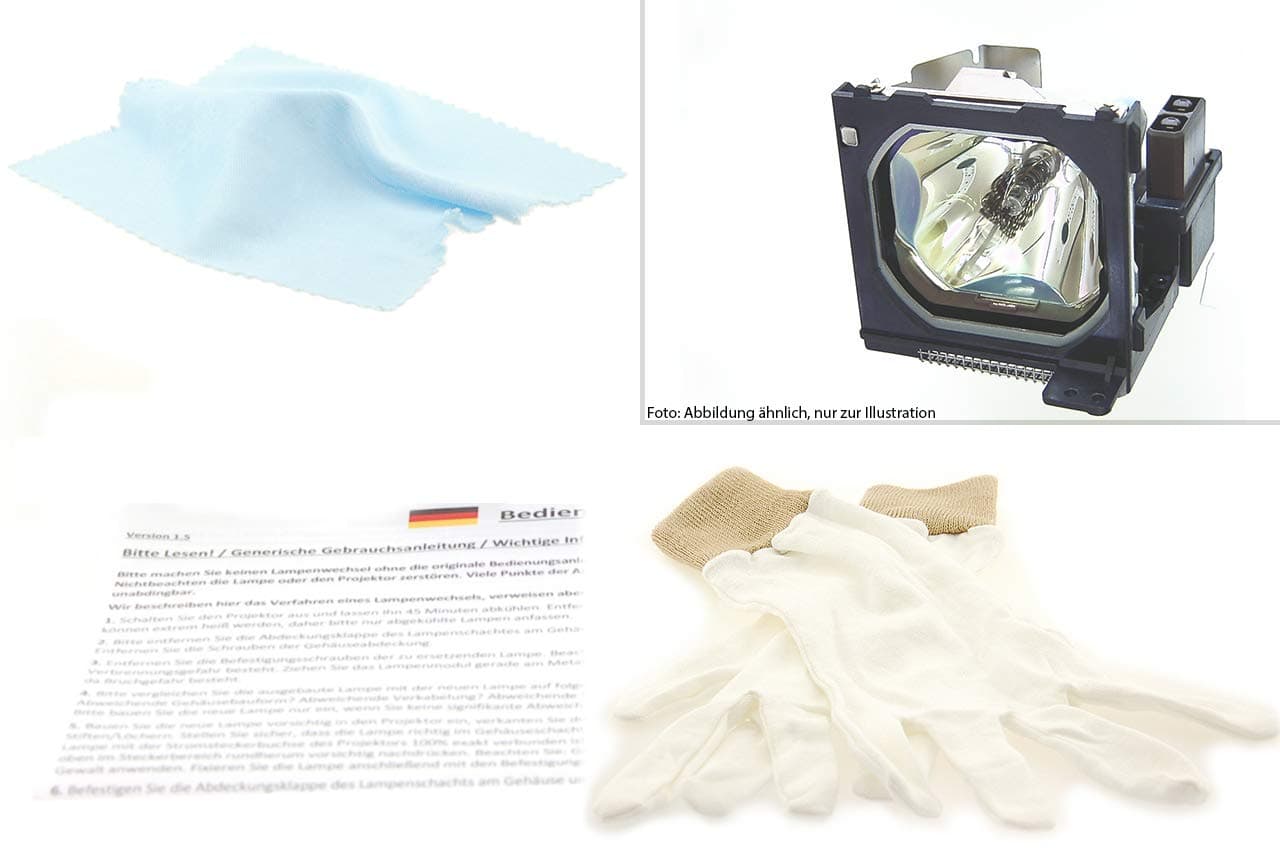 Projectorlamp installation set with SHARP BQC-XGC40XU/1 original module, in bundle with Alda PQ cleaning cloth and installation gloves, suitable for SHARP XG-C30, XG-C40, XG-C40XE projectors