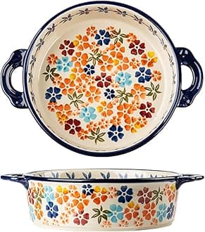 Colorful Cherry Blossom Flowers Vintage Style Ceramic Bakeware Dish Casserole Dish Baking Pan Lasagna Pans with Handles for Oven/Cooking/Kitchen, 1 PCS, 32 oz
