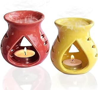 Pure Source India Ceramic Oil Burner Aroma Diffuser Set of 2 (Red & Yellow)