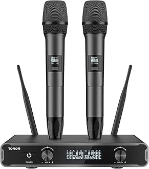 TONOR Wireless Microphones, Cordless Dual Handheld Dynamic Karaoke Singing Mic System with Receiver for Karaoke, Home KTV, DJ, Wedding, Party, 2x5 UHF Adjustable Frequencies, 60m Coverage TW450 Grey