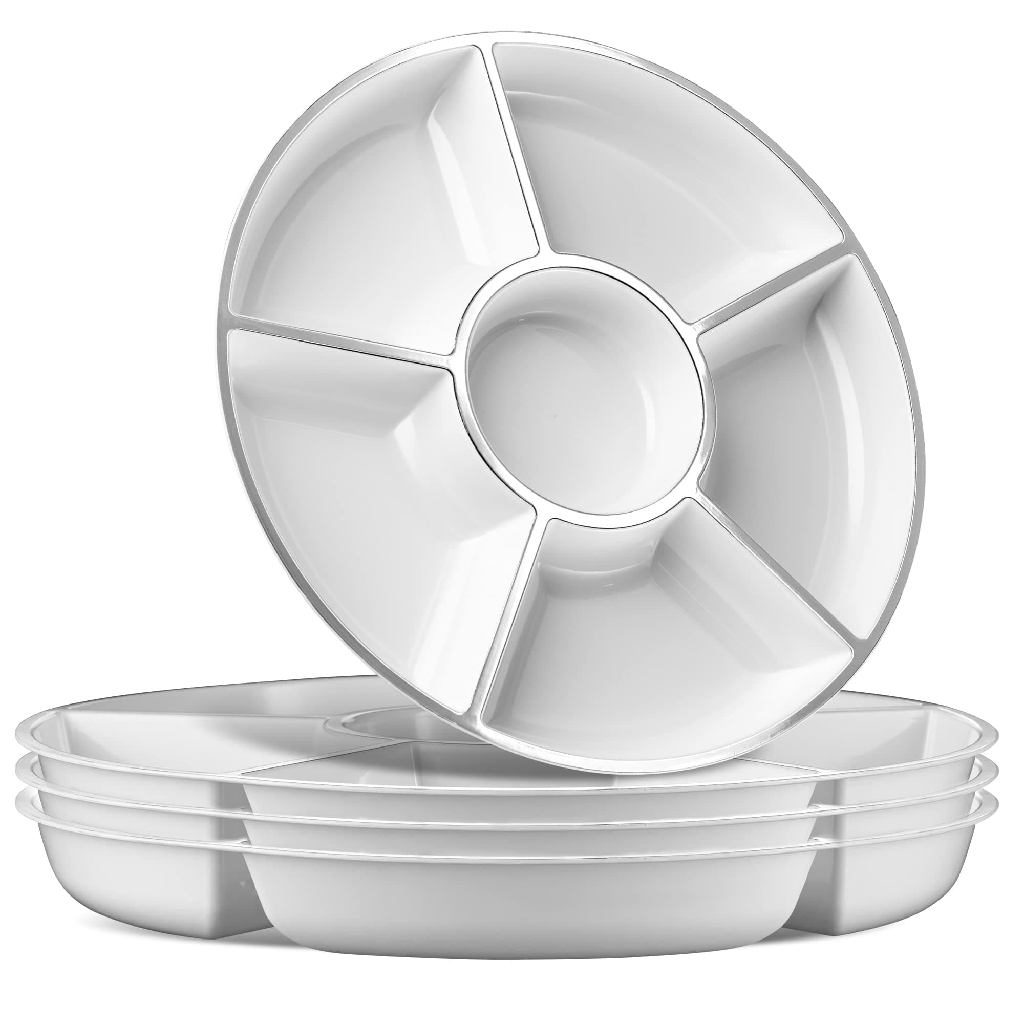 Plasticpro 6 Sectional Round Plastic Serving Tray/Platters White & Silver Pack of 2