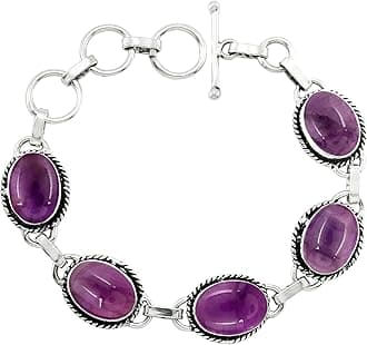 Oval Shape Natural & Synthetic Gemstones 925 Silver Plated Handmade Link Bracelets for Women - Birthstone Vintage Style Bohemian Adjustable Bracelet - Gifts for Wedding Anniversary Christmas