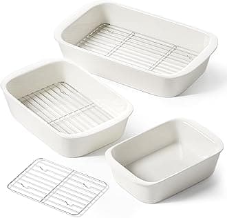 LE TAUCI Deep Casserole Dishes for Oven, 13.7”x9.6” Ceramic Baking Dish Set with Roasting Racks, Large Lasagna Pans with Handles, Rectangular Bakeware as Gift for Mom, White (4.6QT/3.0QT/1.6QT), Set