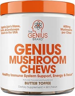 Genius Mushroom - Plant-Based Supplement for Immune, Focus & Energy Support - Lion's Mane, Cordyceps & Reishi - Organic & Non-GMO - Butter Toffee - 60 Soft Chews