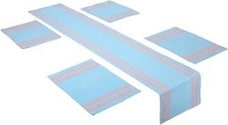 Encasa XO Table Runner and Placemats Set 4 | Fine Ribbed Cotton | Ladder Blue | 1 Table Runner Size 32x137 cm & Each Table Mat Size 48x32 cm