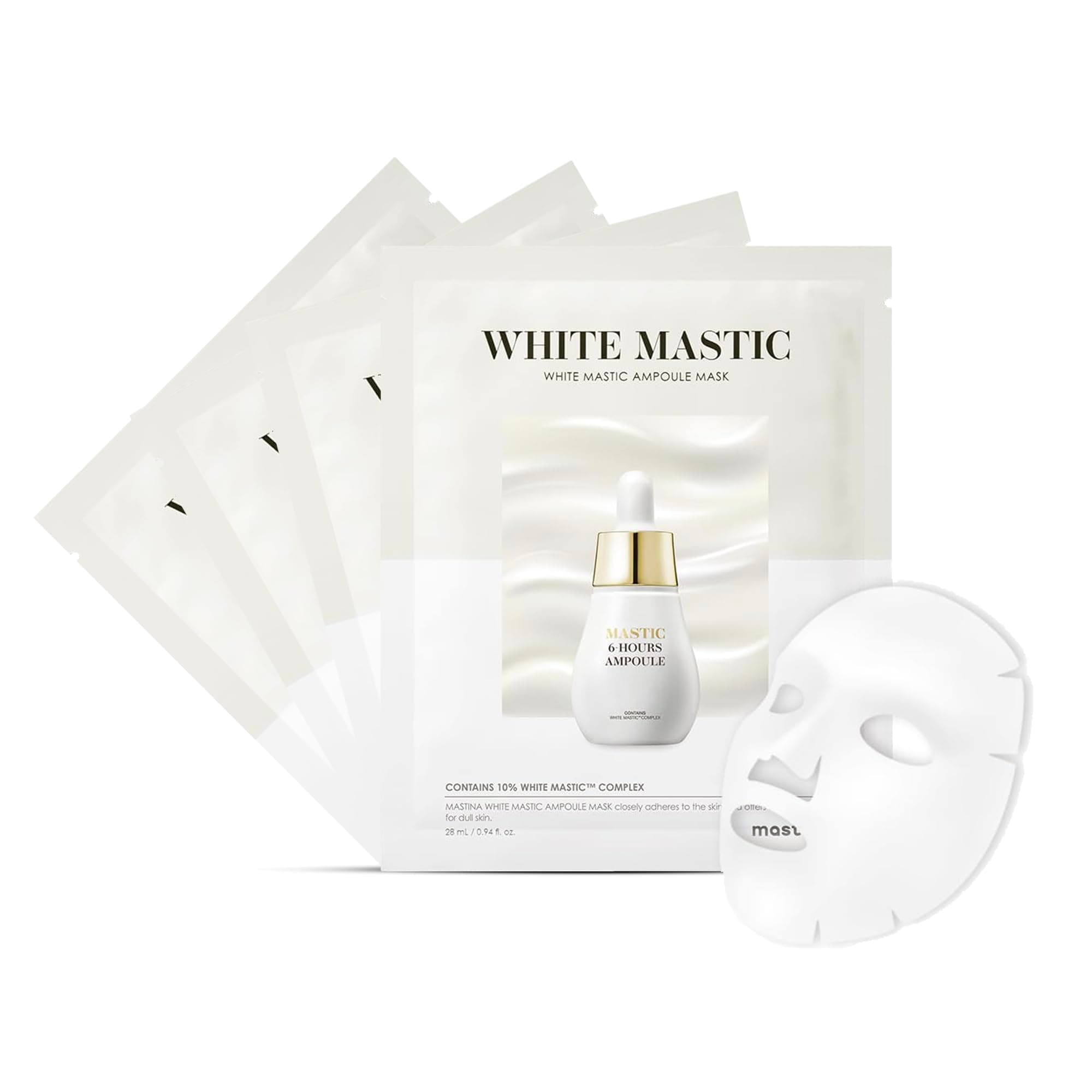 - White Mastic Ampoule Sheet Mask – 4 Sheets, Fermented Mastic Gum & Niacinamide Essence, Brightening and Deep Hydration Korean Facial Mask