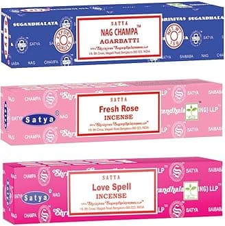 Satya Love Mix Incense Sticks 3-Pack Assortment | Slow-Burning, Long-Lasting Nag Champa, Fresh Rose & Love Spell (15g Each)