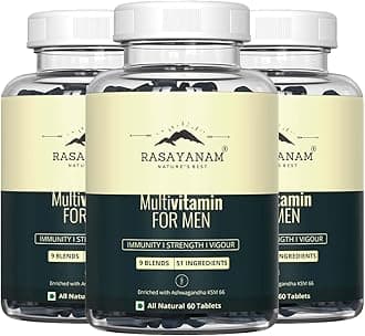 Rasayanam Multivitamin for Men-60 Tablets (Pack of 3) | 51 ingredients & 9 Blends| Heart blend, Pre and Probiotic blends, Biotin Skin blend, Ashwagandha Muscle Recovery Blend