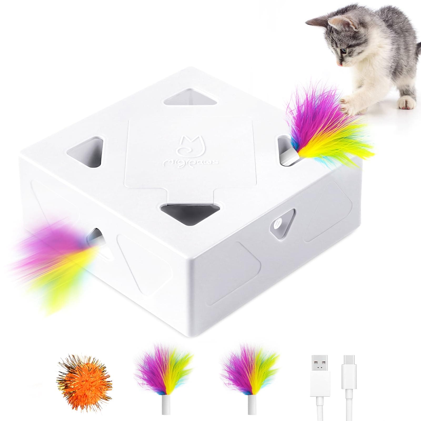 Migipaws Automatic Hide & Seek Cat Toy, 7-Hole Pop-Up Feather Hunt, Type-C Rechargeable Smart Toy for Bored Indoor Cats