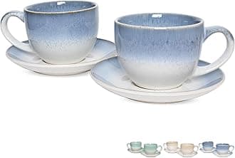 Bosmarlin Ceramic Cappuccino Cup and Saucer Set of 2, 9 Oz, Dishwasher and Microwave Safe, Coffee Cups for Latte, Espresso, Tea, Reavtive Glaze (Blue)