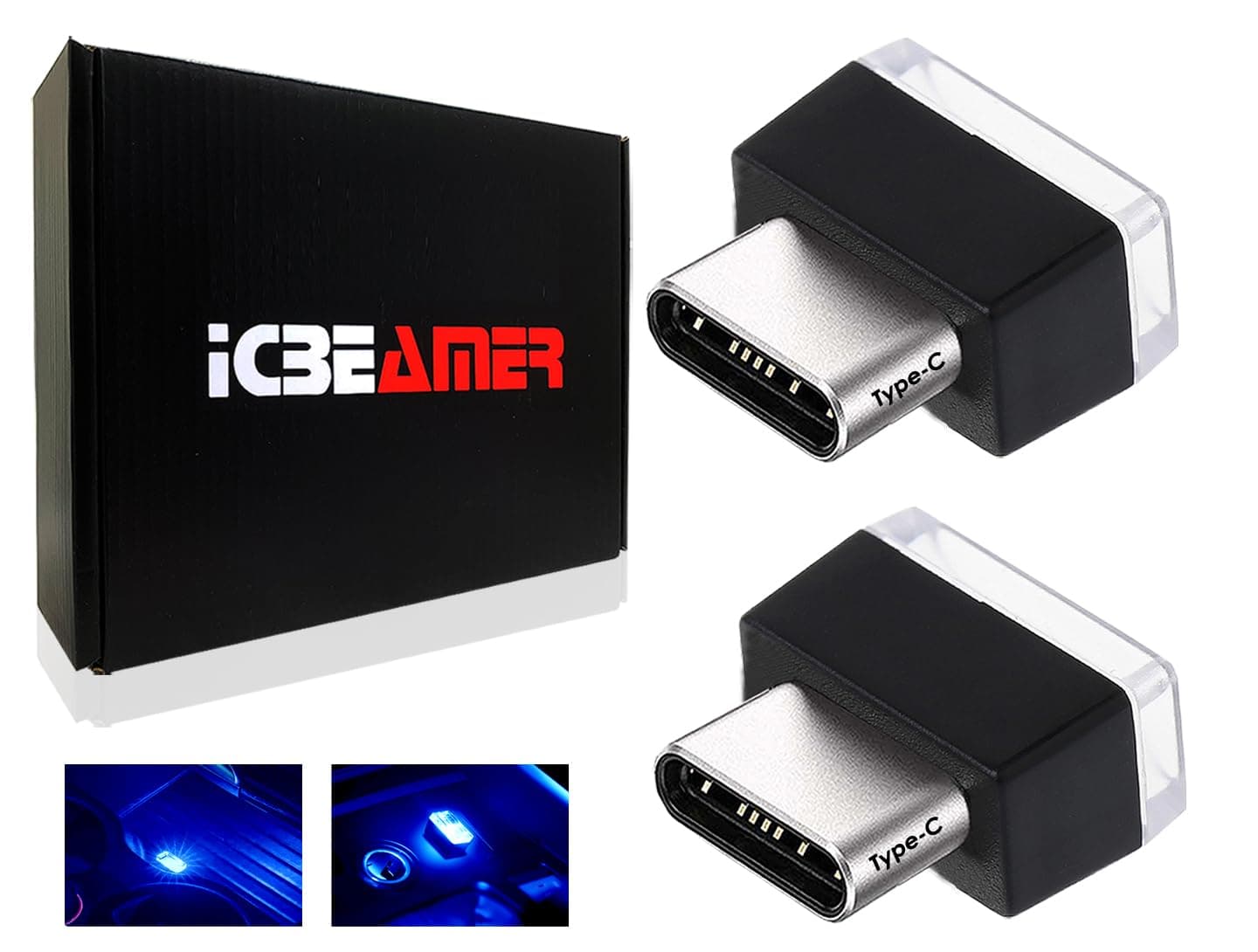 ICBEAMER Type C Adapters Atmosphere Light 2-Pack (Blue) | Universal Plug-in Miniature LED Night Light for Car Interior and Trunk Ambient Lighting Solution