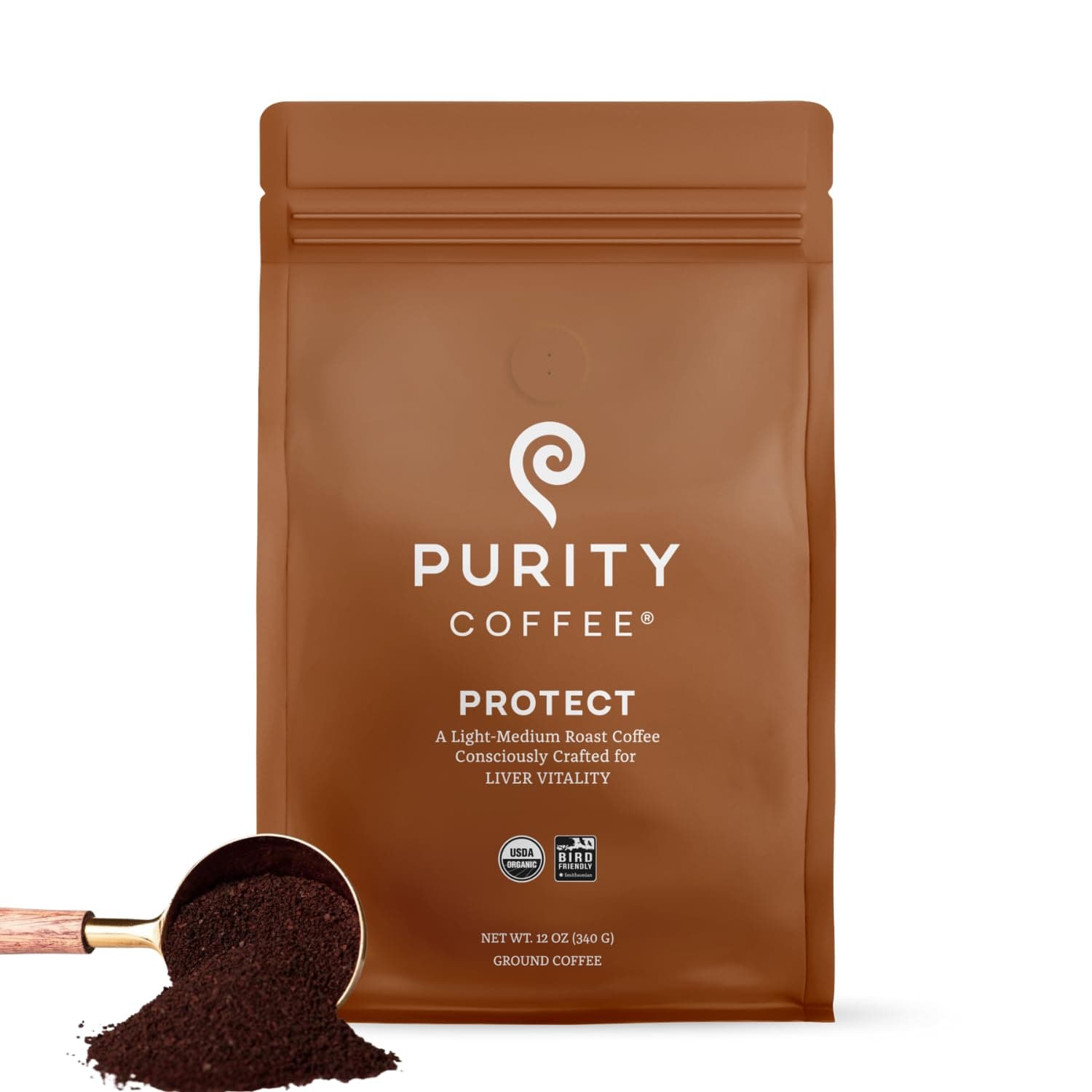 Purity Coffee PROTECT Light-Medium Roast Ground Coffee for Liver Vitality - USDA Organic and Third-Party Tested for Antioxidants, Mold, Mycotoxins and Pesticides - 12oz