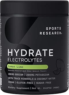 Hydrate Electrolytes Powder - Sugar-Free & Naturally Flavored with Vitamins, Minerals, and Coconut Water - Supports Hydration - Lemon Lime - 90 Servings