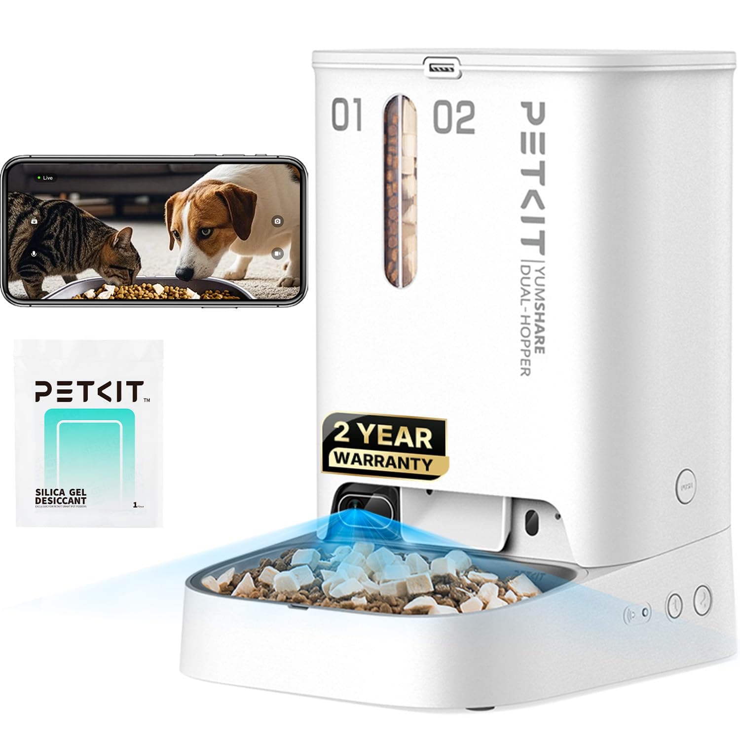 Automatic Cat Dog Feeder with Camera, AI-Powered Motion Capturing, 1080P HD Video with Night Vision, 2.4G WiFi Pet Feeder with 2-Way Audio, Dual Hopper Pet Food Dispenser with Desiccant