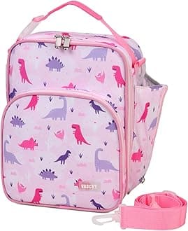Lunch Bag for Kids,VASCHY Large Capacity Insulated Lunch Box Bag for Girls Lightweight Thermal Lunch Tote Bag Portable Cooler Bag with Bottle Pocket Adjustable Shoulder Strap for School(Pink Dinosaur)