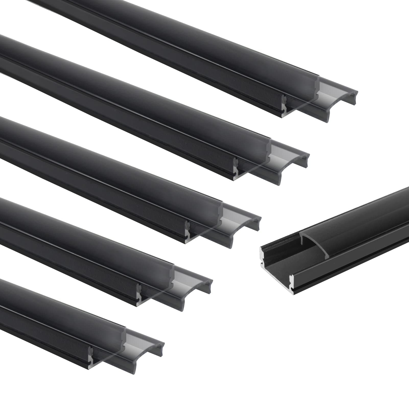 LightingWill 6-Pack LED Aluminum Profile, 3.3ft/1Meter LED Aluminum Channel Black U-Shape LED Diffuser with Crystal Smoke Cover, End Caps and Mounting Clips for LED Strip Lights