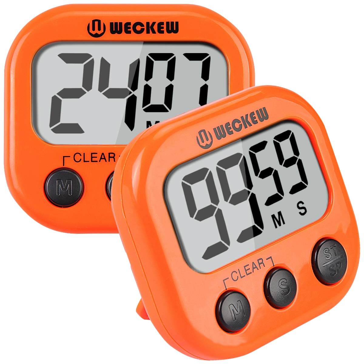 WECKEW Digital Kitchen Timer, Cooking Timer, Large Display, Strong Magnet Back, Loud Alarm, Timer Memory Recall Function, Count up Countdown Timer for Kids Baking Exercise Game (2 Pack, Orange)