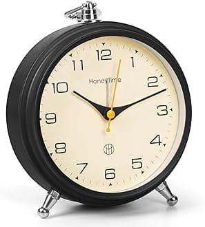 AERYS Honeytime Metal Alarm Clock Wall Clock Table Clock for Study Analog Silent Vintage Clock,Alarm Clock for Heavy Sleepers Home Office Bedroom-Black (Battery Not Included)-13 Cm Black