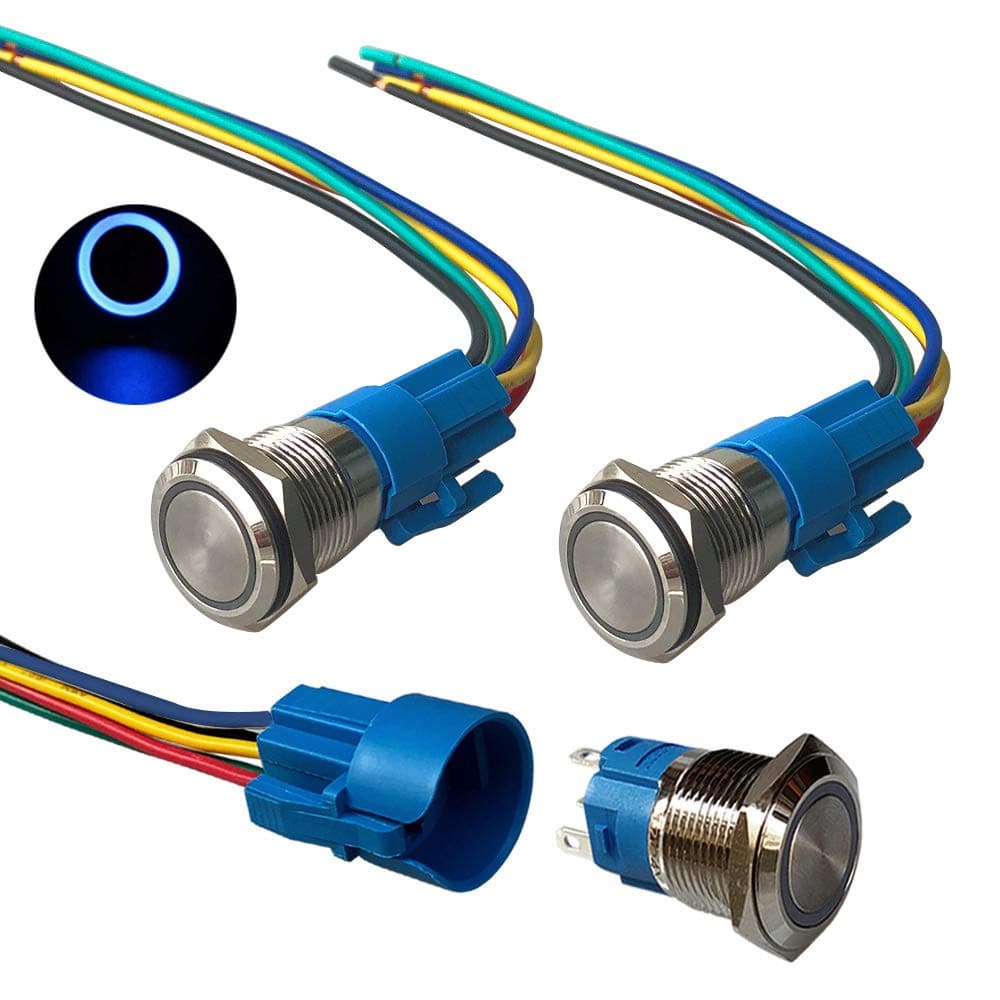 3Pcs Premium 12V/24V 5A Momentary Push Button Switch, 19mm Car Ignition Starter Switch, Blue LED Light Stainless Steel IP67 Waterproof Switch with Socket Plug Wire