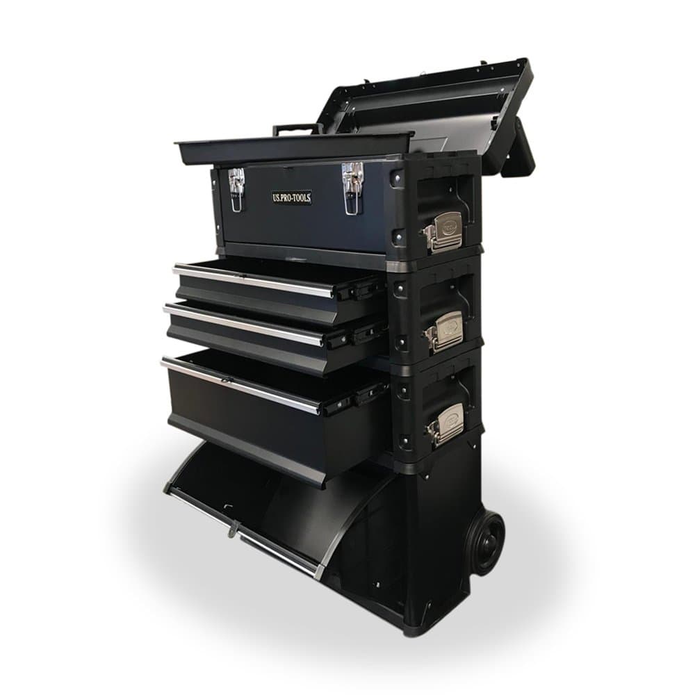 US PRO Tools Black Work Center Plastic Steel Mobile Rolling Chest Trolley Cart Cabinet 4 in 1 Tool Box Wheels