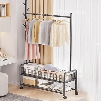 Lukzer | MGR-002 | Black | Metal Garment Rack with Wheels, 2 Bottom Mesh Shelves & Single Rod – Space-Saving Cloth Stand & Coat Organizer for Bedroom, Entryway, Office & More | 173 x 90 x 34 cm