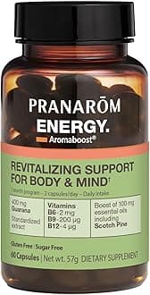 PranaromAromaboost Energy Herbal Supplement - for Physical and Mental Fatigue - Guarana - Vitamins B6 B9 B12 - Pure Scots Pine Essential Oil - 60 Count