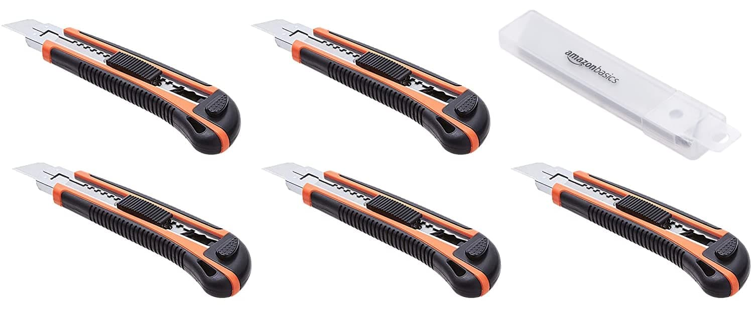 Amazon Basics Heavy Duty Retractable Ergonomic Handle Utility Knife, Multi-Position Locking Blade with 10 Replaceable Sharp Blades in Container, Pack of 5, Orange/Black