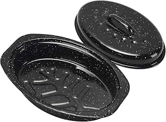 13 Inch Small Roasting Pan with Lid - Covered Oval Roaster - Enamel Carbon Steel Roaster Pot - Excellent Heat Distribution and Non-sticky - for Turkey Chicken Meat & Vegetables