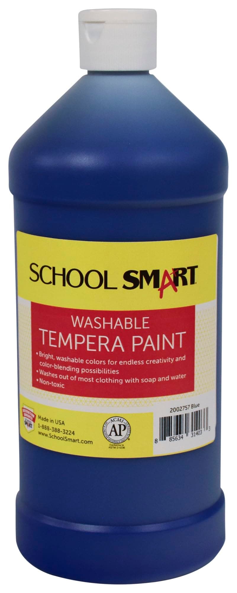 School Smart Washable Tempera Paint, Blue, 1 Quart Bottle