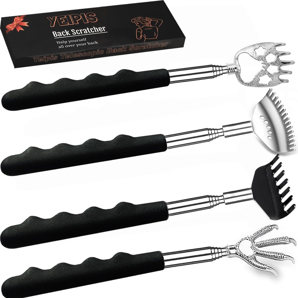 Yeipis 4Pcs Different Back Scratcher Extendable Back Massager Tool with Rubber Handles, Metal Portable Telescoping Back Scratcher, Stocking Stuffers for Men Women Christmas Gift (Black)