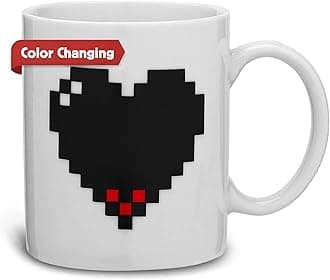Kikkerland Pixel Heart Morphing Mug – Color Changing Cup Reacts to Heat – Fun Gift for Coffee, Hot Cocoa, & Hot Beverages