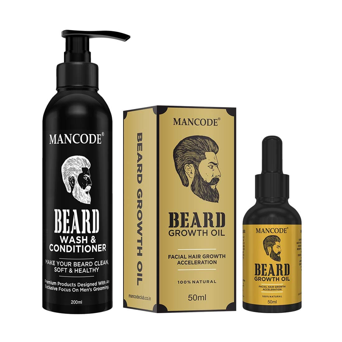 MAN CODE Beard Growth Oil + Beard Wash & Conditioner 50ml + 200ml for Patchy Beard Mens Grooming Beard & Mustache Care Kit Combo for Men, 100 Grams