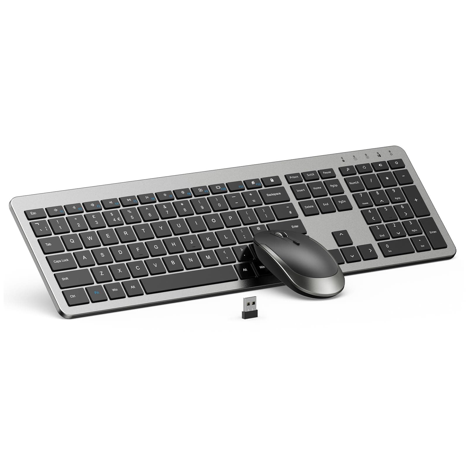 Wireless Keyboard and Mouse Combo - Full Size Slim Thin Wireless Keyboard Mouse with Numeric Keypad 2.4G Stable Connection Adjustable DPI (Grey & Black)