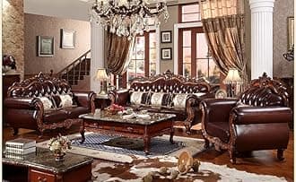 Lsgf Luxury Design Sofa Set with Soild Sagwan Wooden Carving Work Single Sofa, Sofa Set for Small Apartments,Living Room/Bedroom (3+1+1 with Center Table,Dark Brown) 5 Seater
