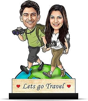 Personalized Gift Caricature World Tour Explorer Couple Cutout Standee Customized with Your Photos (Wooden_8 inch, x 5 inch_Multicolour) CA0145