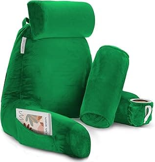 Clara Clark Reading Pillow with Shredded Memory Foam Includes 2 Neck and Lumber Support Pillows, Designed for Sitting Up in Bed and Couch, Back and Arms Adjustable Support for Adults & Teens, Green