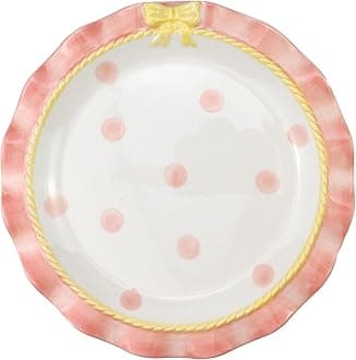 Bitray Cute Ceramic Plate Pink Dot Lovely Wavy Lace Ceramic Plate with Bow Porcelain Dessert Plate (Pink-8 Inch)