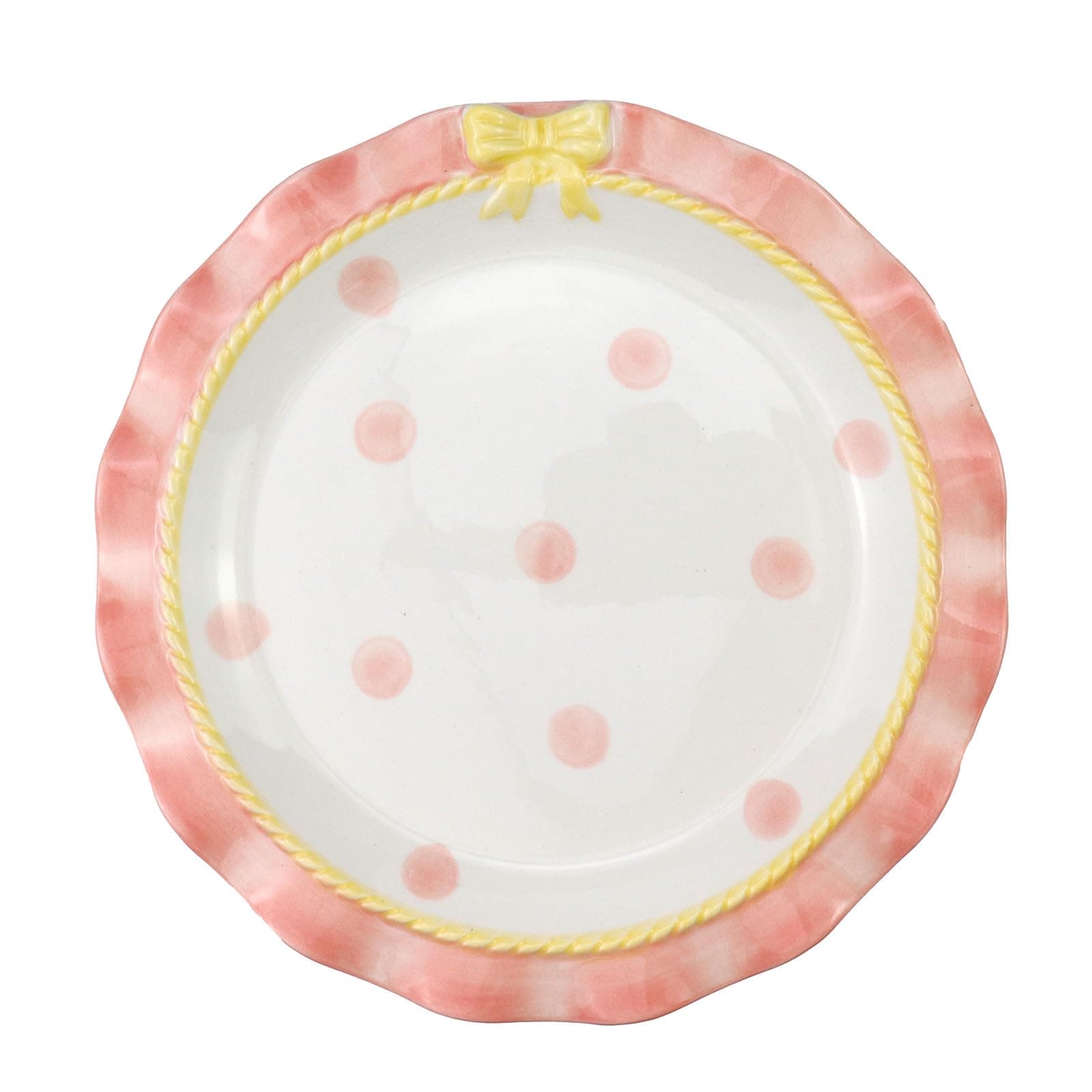 Bitray Cute Ceramic Plate Pink Dot Lovely Wavy Lace Ceramic Plate with Bow Porcelain Dessert Plate (Pink-8 Inch)