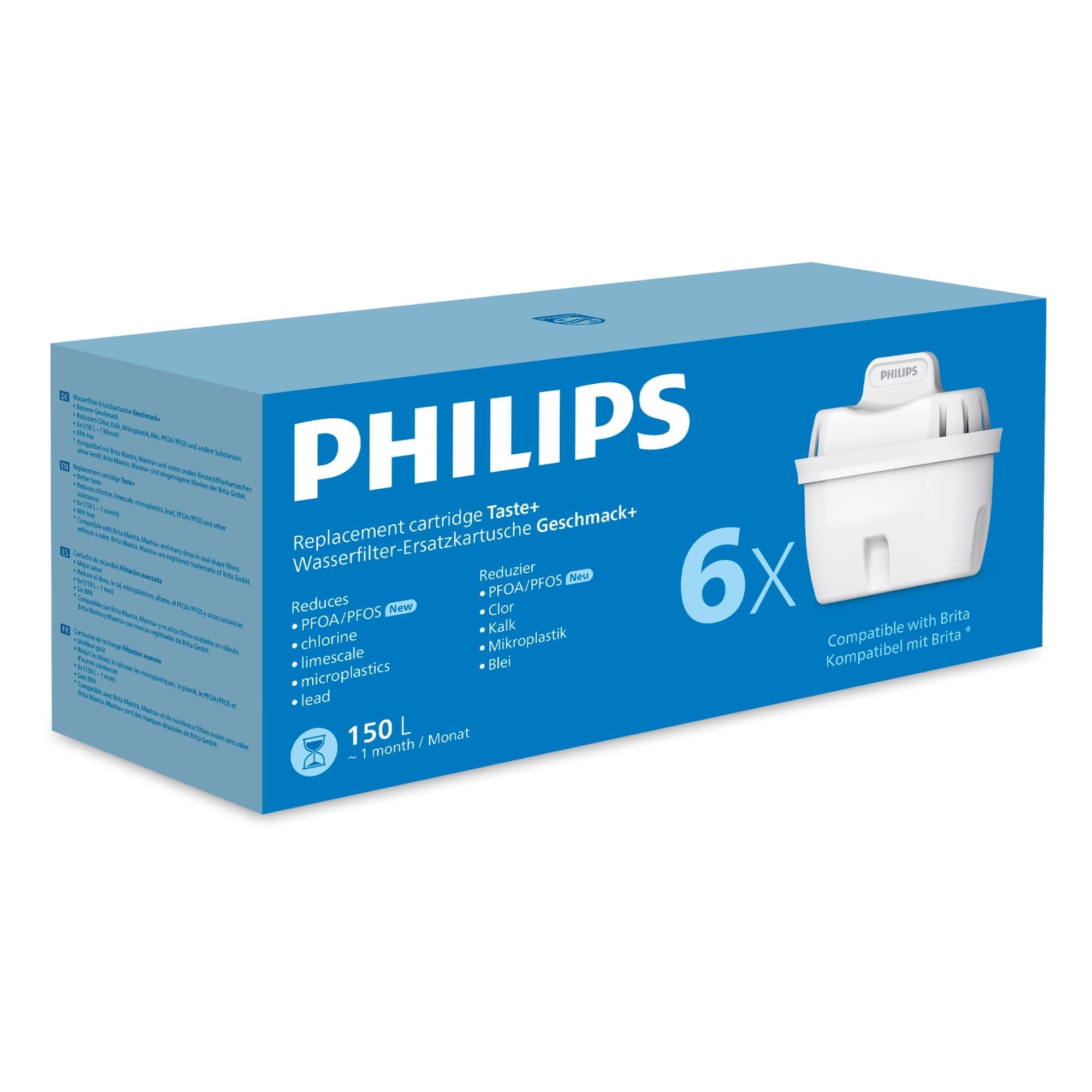 Philips Water Replacement Filter Cartridges Taste+, 6-Pack, Brita Compatible, Reduces MICROPLASTICS, Chlorine, LIMESCALE, Heavy Metals