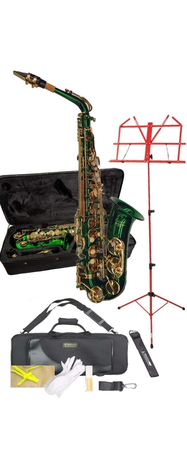 Elkhart Vincent Bach E-Flat Green Alto Saxophone Pack Includes - Saxophone, Elkhart Vincent Bach Deluxe Saxophone Case, Music Stand with Bag, Microfibre Cloth, Straps & Gloves