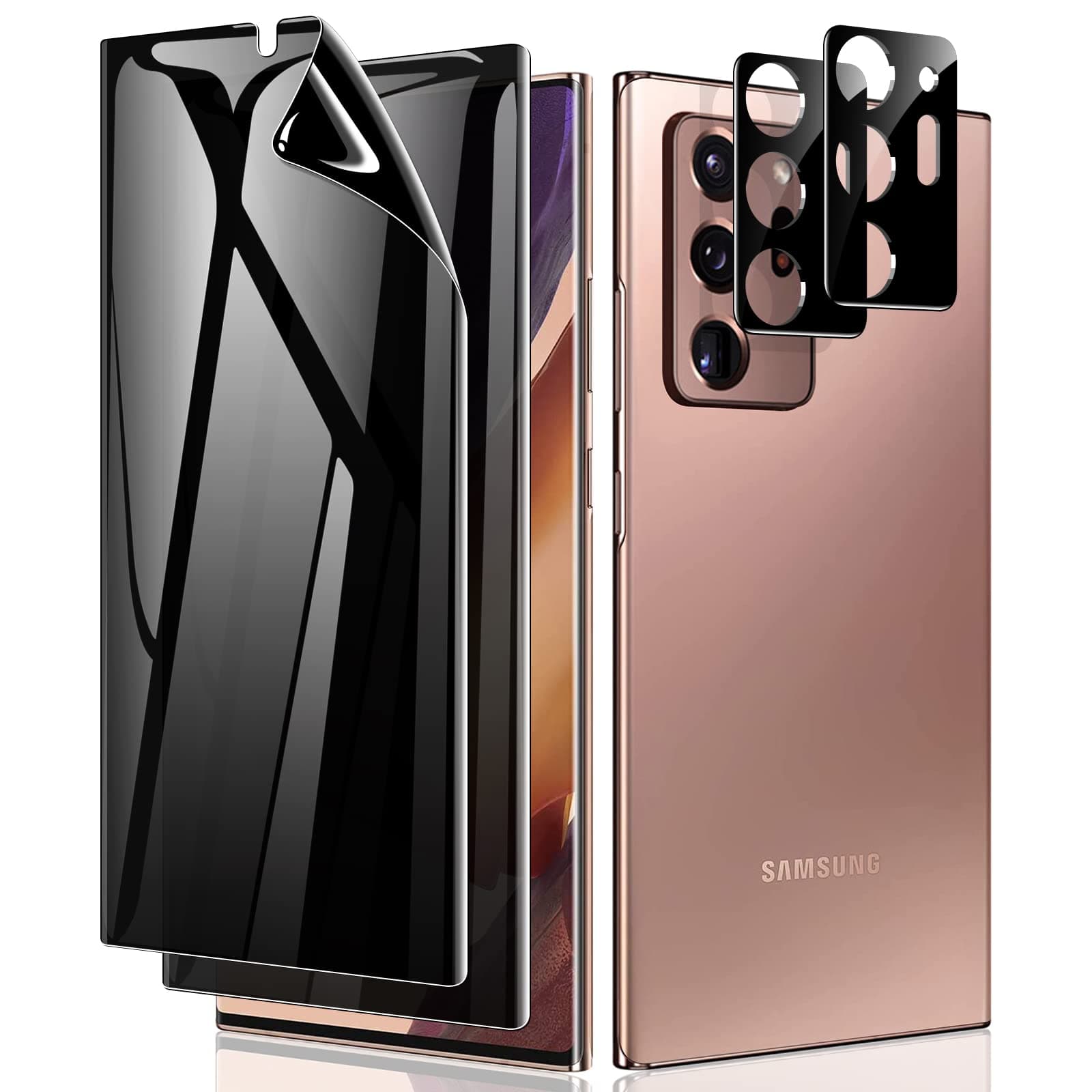 LYWHL [2+2 Pack for Samsung Note 20 Ultra Privacy Screen Protector, [Support Fingerprint ID] Anti-Spy Black Full Adhesive Flexible Film + Camera Lens Glass Protector for Galaxy Note 20 Ultra