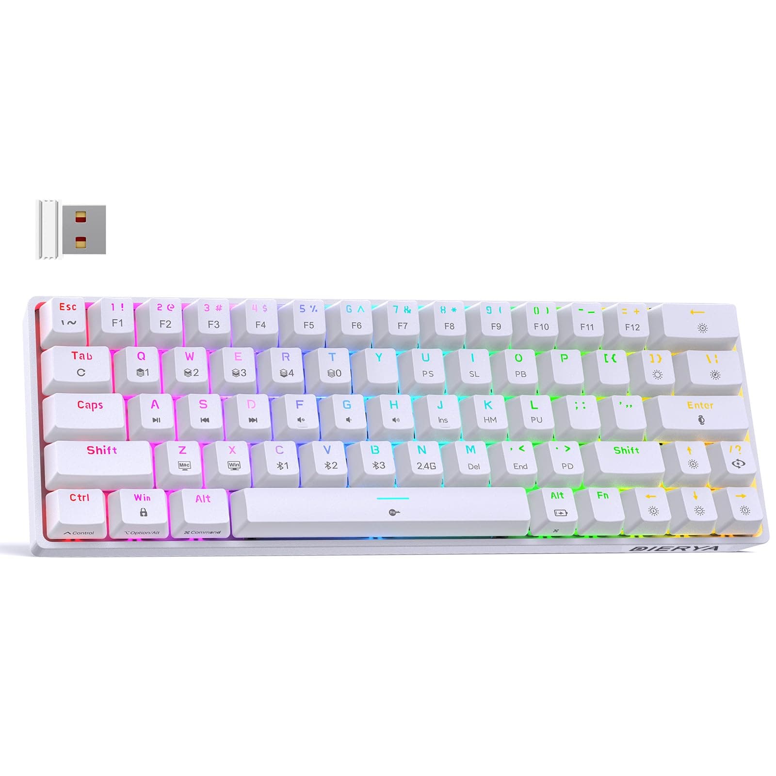 DK63 60% Wireless Mechanical Gaming Keyboard | Bluetooth/2.4G/Wired Keyboard | RGB Backlit Compact 63 Keys Mini Office Keyboard | with Red Switch | for Windows Laptop PC Gamer Typist-White