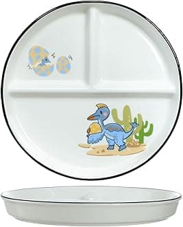 Dinosaur Ceramic 3-Compartment Portion Control Plate Divided Dish Platters, Divided Dessert Plate Salad Plate Dinner Plate Snack Dishes, Appetizer Serving Trays, 1 PCS-Dinosaur-Blue-8 Inch